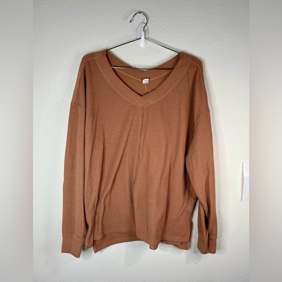 Anrabess Women’s Brown Ribbed V-Neck Sweater Size Large Oversized Casual Knit - Picture 2 of 6